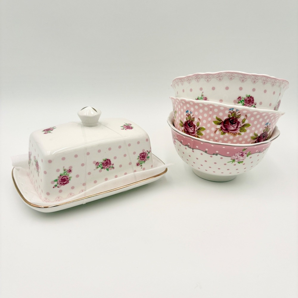 Park Chateau Pink Polka Dot Floral Rose Ceramic Bowls and Butter Dish Set‎ 4pc